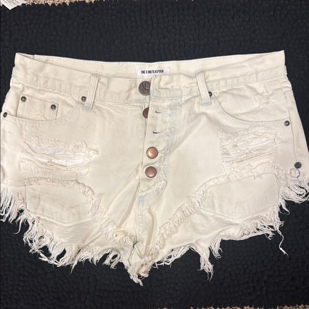 One Teaspoon Cream Distressed Jean Shorts